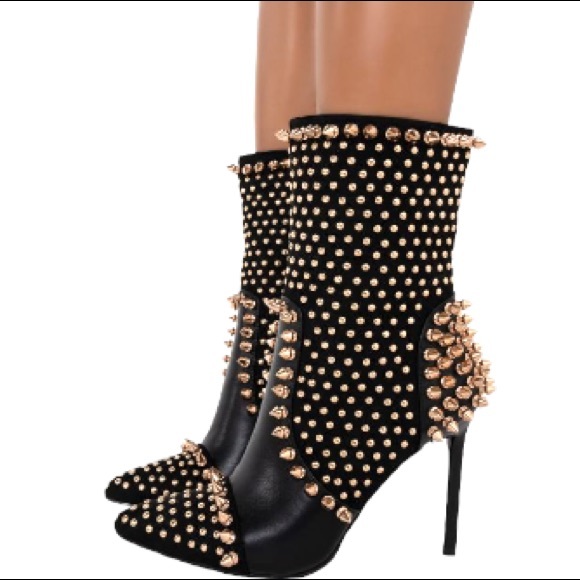Azalea Wang Black Vegan Leather Embellished Spike Pointed Slouchy Ankle Booties - Picture 2 of 7